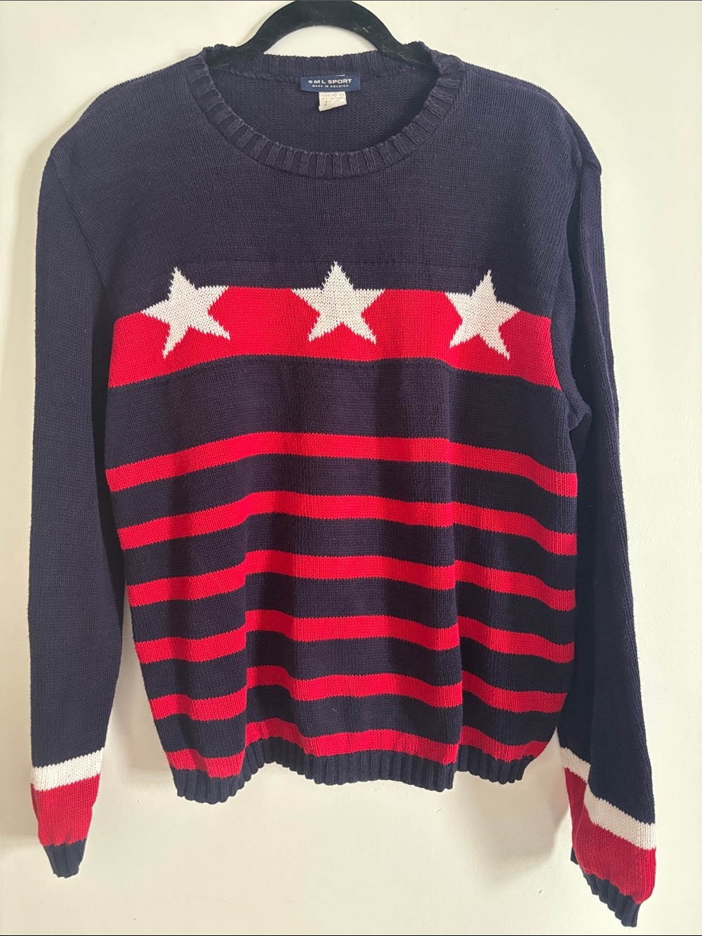 SML Sport Navy, Red & White Star Stripe Crewneck Sweater